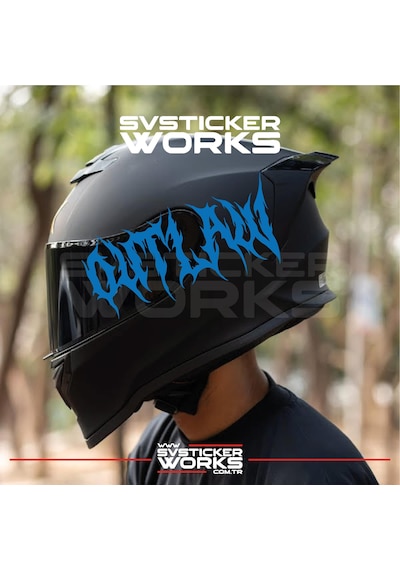 Outlaw Yazılı Kask Sticker Tüm Kasklar Uyumlu Tek Yön 1 Adet Mavi