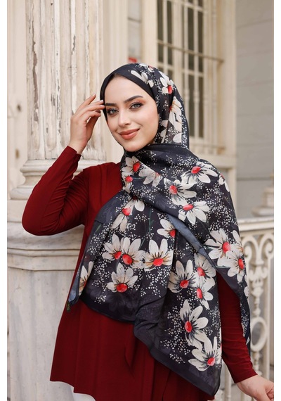 Mimiyum Papatya Desen Nayf İpek Şal Siyah