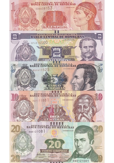 Honduras Yabancı Kağıt Para Seti " 20/10/5/2/1 Lempiras " Çil Unc Koleksiyon Para