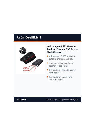 Trobus Volkswagen Golf 7 Uyumlu Anahtar Koruma Kılıfı Katlanır Siyah Kırmızı
