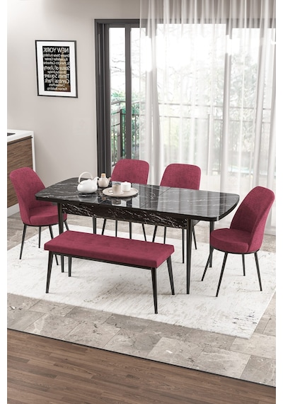 Canisa Concept Zen Serisi 80x132 Mdf Açılabilir Siyah Mermer Desen Masa Takımı 4 Bordo Sandalye Ve 1 Bench Masa Siyah Mermer Sandalye Ve Bench Bordo Canisa Concept Zen Serisi 80x132 Mdf Açılabilir Siyah Mermer Desen Masa Takımı 4 Bordo Sandalye Ve 1 Bench Masa Siyah Mermer Sandalye Ve Bench Bordo