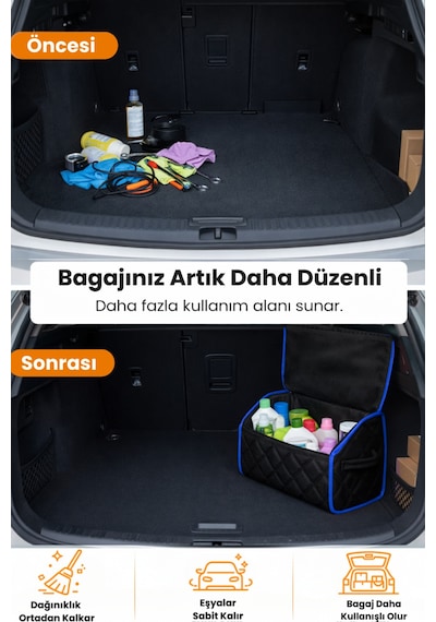 Bagaj Çantası Oto Bagaj Organizer Lüks Tay Tüyü Su Geçirmez Kaymaz Katlanır - Siyah Mavi