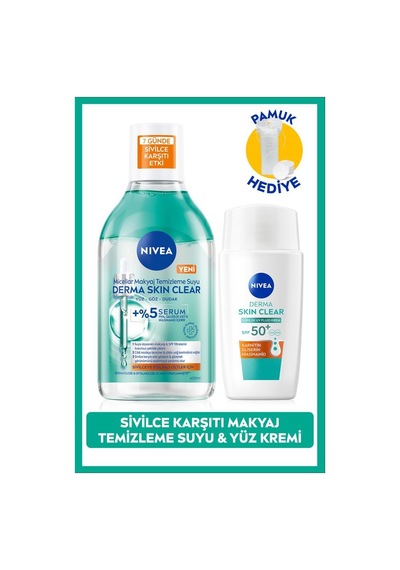 NIVEA Derma Skin Clear Sivilce Karşıtı Güneş Koruyucu Krem SPF50 40 ML + Makyaj Temizleme Suyu + Pamuk