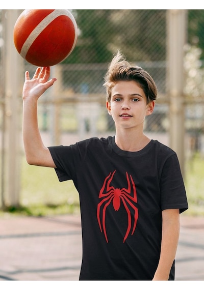 Sevbano Örümcek Adam Logo Baskılı Unisex Spider-man Film Çocuk Tişört 1- SIYAH