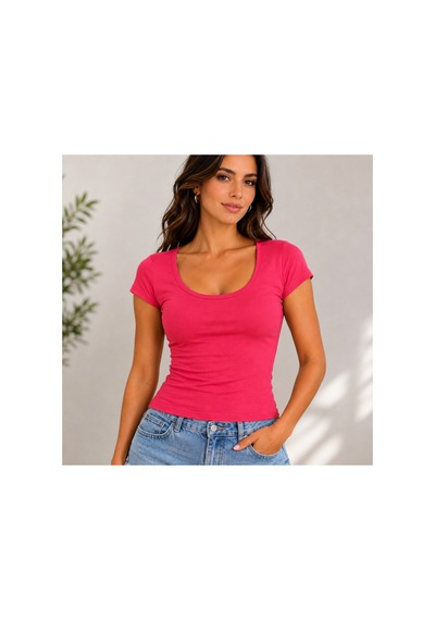 Mixxtrend Kadın Lcyralı Ön Arka Yuvarlak Yaka Body Form T-shirt Pembe