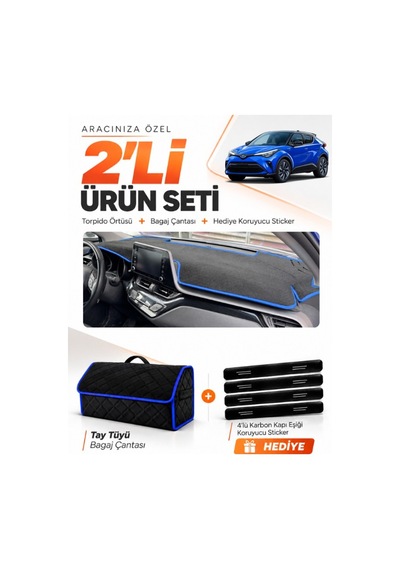 Toyota Chr 2016-2022 Uyumlu Torpido Örtüsü + Tay Tüyü Bagaj Çantası + Sticker Seti - Siyah Mavi