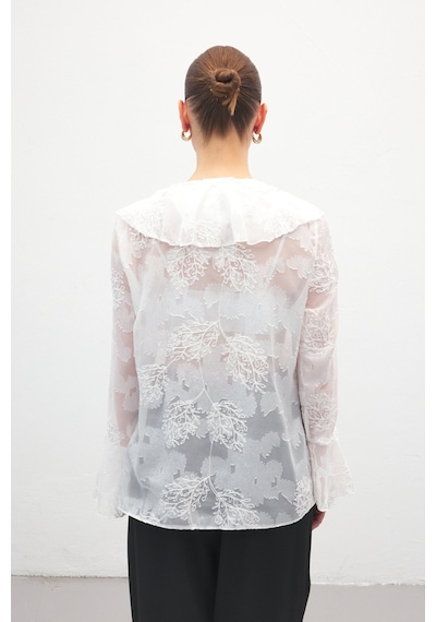 Sateen Fırfır Detaylı Nakışlı Gömlek - Ekru-137183 ekru