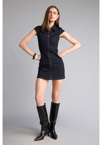 Defacto Gömlek Yaka Fermuarlı İndigo Mini Jean Elbise H6340ax26aunm82 Mavi-nm82