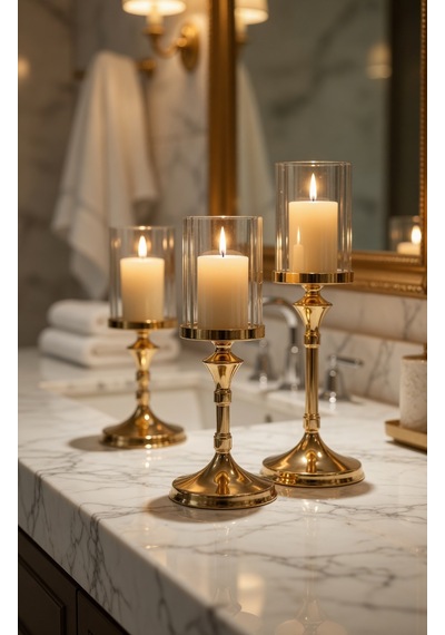 Lumina Gold Royale Şamdan Seti Sırasıyla 39 - 34 - 29cm / Dekoratif Masa Şamdanı Salon & Yemek Masası Mumluk Eskitme Gold