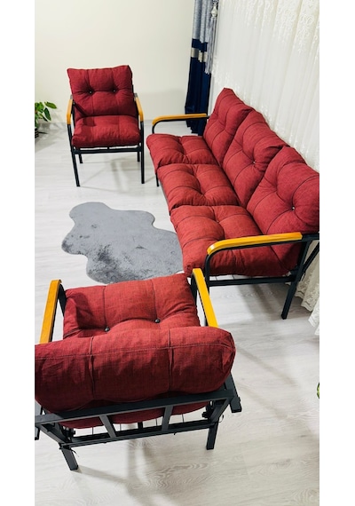 Madame Home Defne Balkon, Bahçe, Cafe - Metal Kanepe Koltuk Takımı - 3+1+1 Bordo