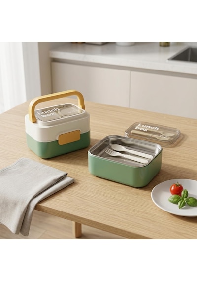 Lexroo Deconox Paslanmaz Çelik Hazneli Kulplu Yemek Kabı 1010 Ml, Bölmeli Lunch Box Seti Çok Renkli