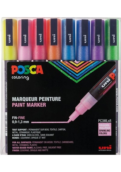 Uni-ball Posca 0.9-1.3 Su Bazlı Poster Markörü Simli 8 Li Pc-3m/8c Çok Renkli