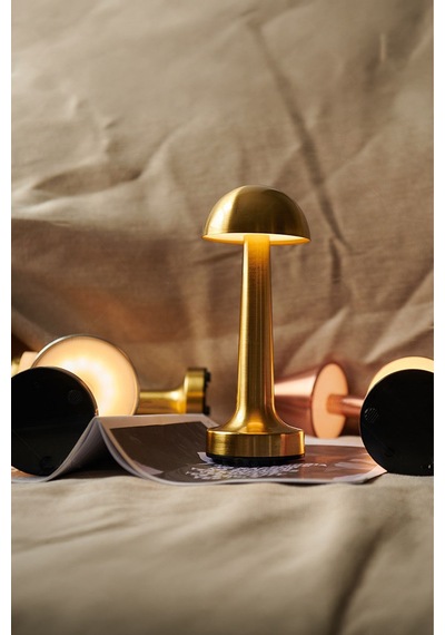Mantar Masa Lambası Gold Renk Şarjlı Kablosuz Metal Masa Lambası, Dokunmatik Led Başucu Lambası
