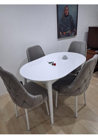 Masa Sandalye 90655 Retro Masa 4 Adet Lüks Kapitone Sandalye Ayaklar Demir Beyaz