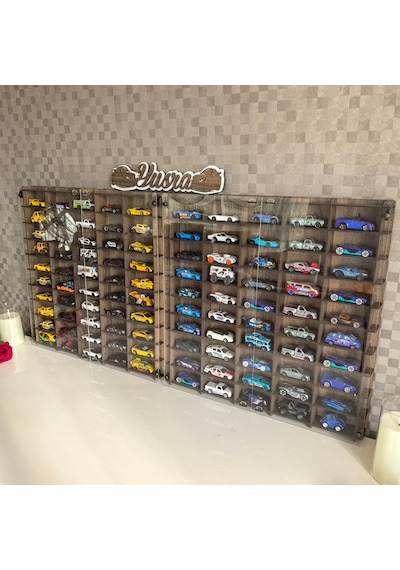 Pleksi Kapak 1/64 Hotwheels, Matchbox Uyumlu Oyuncak Hobi 100lü Araba Rafı Kahverengi