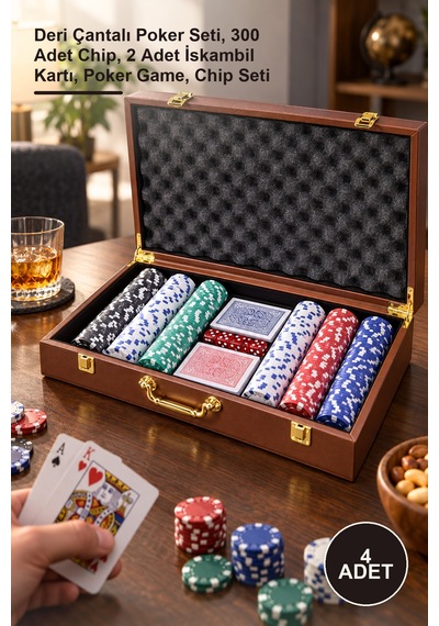 Strong 4 Adet Poker Oyunu Deri Çantalı Poker Seti, 300 Adet Chip, 2 Adet İskambil Kartı, Poker Game, Chip Seti Sarı