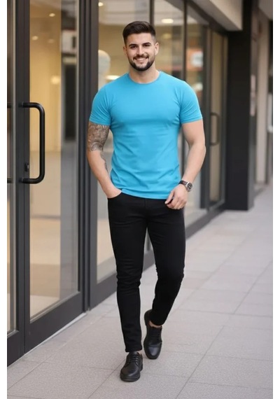 Veraura Lifestyle Erkek T-shirt Bisiklet Yaka Slim Fit Dar Kesim Likralı Tişört Günlük Basic Body - Açık Mavi