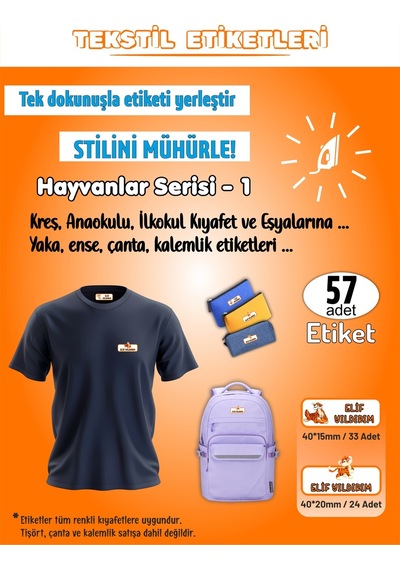 Hayvanlar Serisi - 1 Kreş Anaokulu İlkokul Kıyafet Eşya Yaka Ense İsim Etiketi 57 Adet Karışık