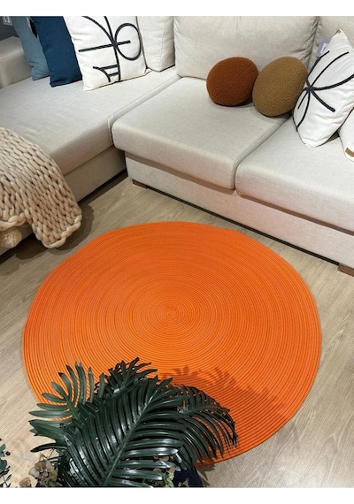 Mavaux Turuncu Jüt Yuvarlak Hasır Görünümlü Klasik Halı Kilim Turuncu 70 X 70 Çok Renkli