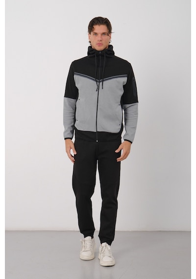 Dechers Erkek Siyah Tech Fleece Double Face Kapüşonlu Fermuarlı Eşofman Takımı - E228 Gri