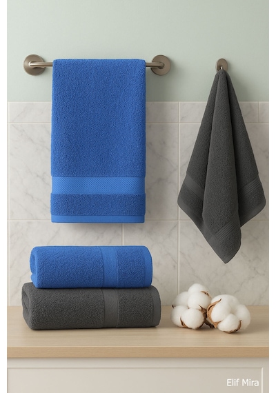 4 Lü Banyo Havlusu Seti %100 Pamuklu 70x140 Cm Pleasure Antrasit-Mavi