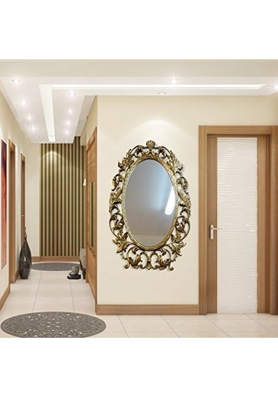 Tr M3 Decorium 103cm Sarı Yaldız İşlemeli Oymalı Desenli Rustik Duvar Boy Aynası Diğer