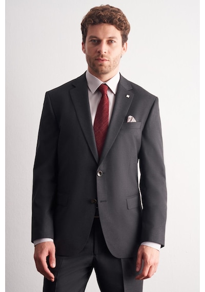 İmza Antrasit Mono Yaka Kendinden Çizgili Desen Esnek 4 Drop Comfort Fit Classic Takım Elbise 1001255159 Antrasit
