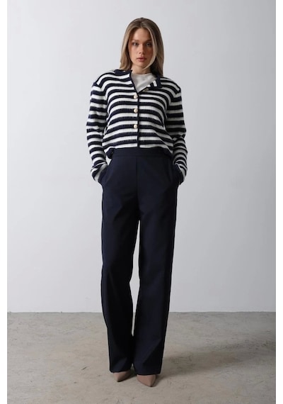 Defymoda Beli Yarım Lastikli Palazzo Pantolon - Lacivert Lacivert