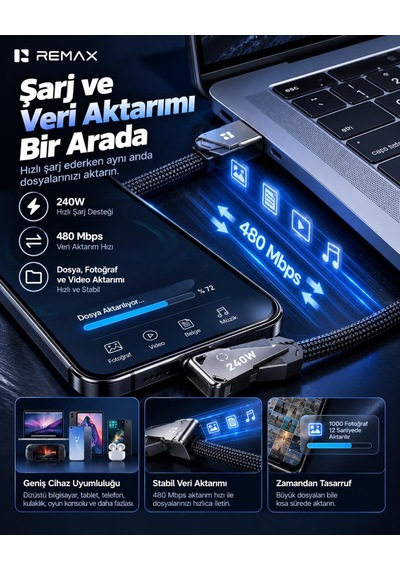 Remax Cb53-cc Enjoy Serisi 240w Pd Type-c To Type-c Telefon Standlı Hızlı Şarj Ve Data Kablosu 1.2 Metre Siyah