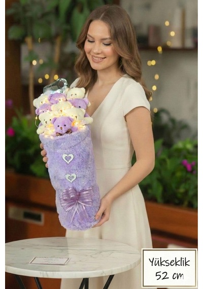 Kadınlar Gününe Özel: Deluxe Mor-beyaz Peluş Ayıcık Led Işıklı Kalp Balonlu Peluş Vazo Tasarımlı Ayıcık Buketi