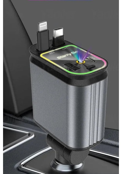 Acl Acc-01 Rgb Işıklı 66w Araç Şarj Cihazı 4in1 Geri Çekilebilir Kablo Type-c + Lightning Yıldızlı Tavan