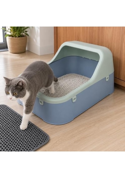 Orret Home Kedi Kumu Kabı Geniş Hacimli Kedi Tuvaleti Plastik Kedi Tuvalet Kabı Açık Kedi Kum Kabı Kolay Temizlenebilir Dayanıklı Tasarım Yeşil-mavi Açık Bej