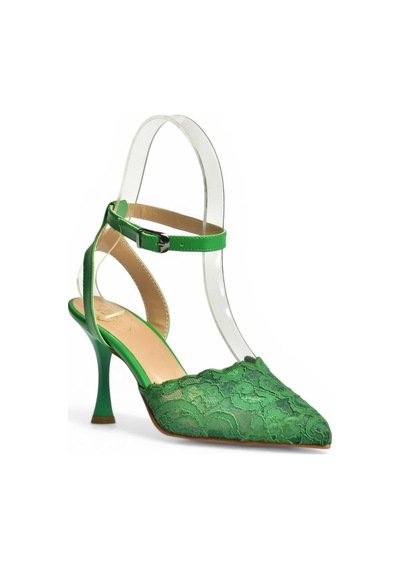 Fox Shoes Y752044206 Yeşil Dantelli İnce Topuklu Kadın Ayakkabı