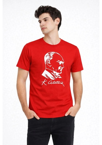 Wear Vexel Erkek Atatürk Baskılı Tişört Kısa Kollu Bisiklet Yaka T-shirt - Kırmızı Çok Renkli