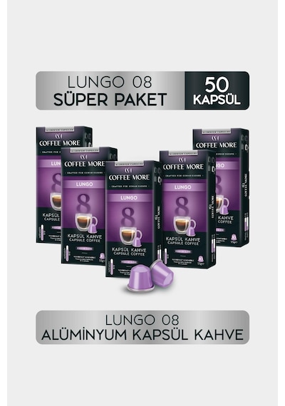 Coffee More 8 Lungo Kapsül Kahve 10 X 5 Paket 50 Adet Nespresso Uyumlu Kapsül Kahve