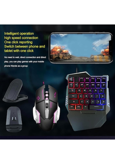 G508 Mobil Oyun Kablolu Klavye Mouse Kombo Paket Seti Pubg Dönüştürücülü Tek El Kullanım Gaming Oyuncu Rgb Led Işıklı Optik