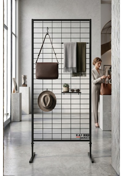 90x190 Cm Ayaklı Tel Pano Metal Stand Duvara Monte Grid Panel Mağaza Market Telefoncu Bijuteri Askılık Standı Siyah