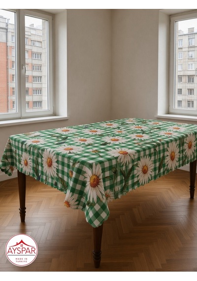 Masa Örtüsü 150x170 Cm Yeşil Kareli Papatya Beyaz