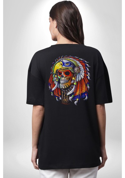 Kızıl Derili Kuru Kafa Düş Kapanı Pamuklu Unisex Oversize Sırt Dijital Baskılı Siyah T-shirt Siyah