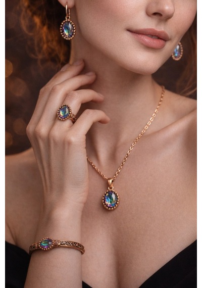 Kadın Bakır Bileklik Yüzük Küpe Kolye Takım Seti Doğal Mistik Topaz Oval Model Bakır Set Diğer