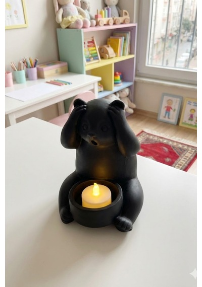 Dekoratif Tealight Mum Hediyeli Ayı Panda Tasarım Vegan Siyah