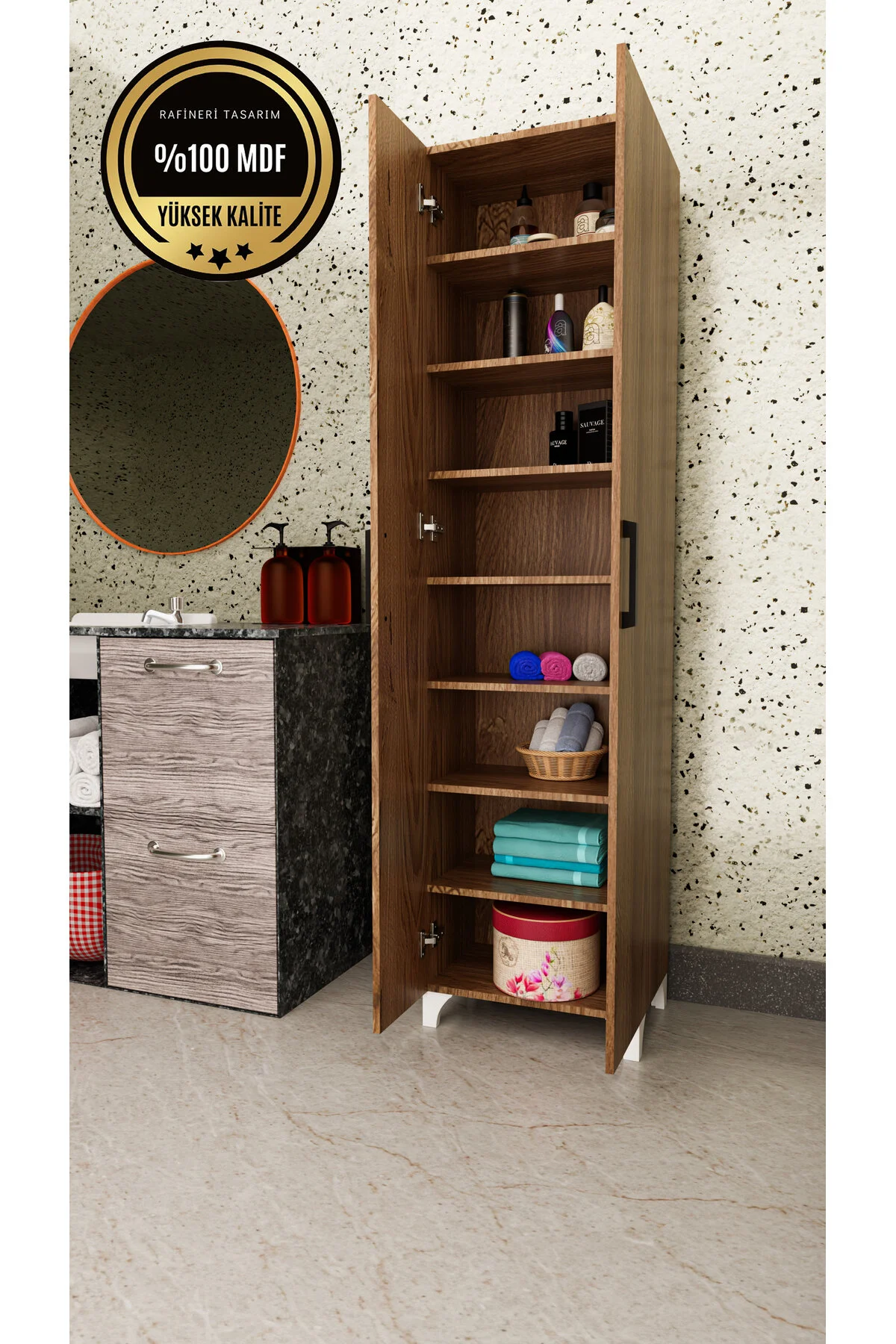 8 Raflı Mdf Beyaz 2 Kapaklı Çok Amaçlı Mutfak Dolabı Krem