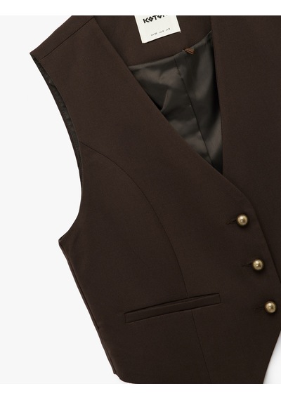 Koton Slim Fit V Yaka Düğmeli Crop Blazer Yelek Kahverengi 6wak20320ew Kahve