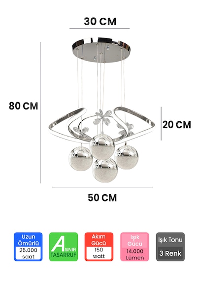 4 Toplu Kumandalı 3 Renk Büyük Salon Avize Krom Gümüş Kasa Dron