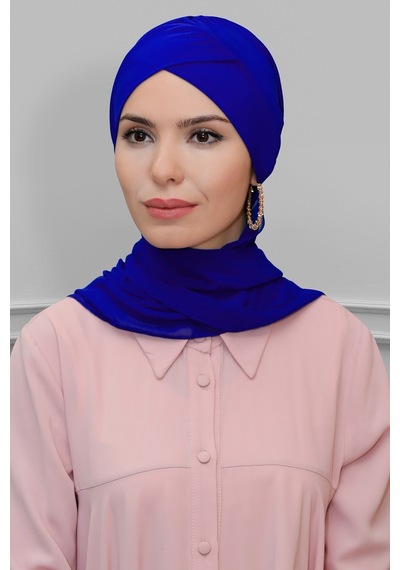 Hürrem Bone Saks M. Pratik Hazır Geçmeli Tesettür Bone Sandy Kumaş Çapraz Büzgülü Şifon Atkılı 1801a 24 Saks Mavi