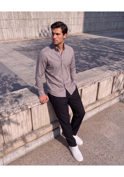 Butik İstanbul Erkek Standart Kesim Gabardin Kumaş Uzun Kollu Gömlek Krem