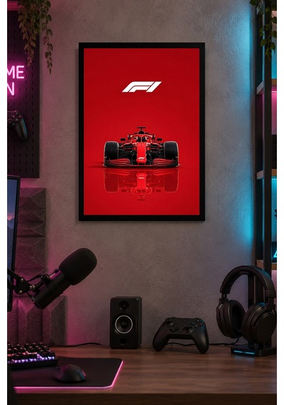 Kırmızı Formula Afişi Desenli Dekoratif Mdf Tablo, Çerçeve Görünümlü Ahşap Poster