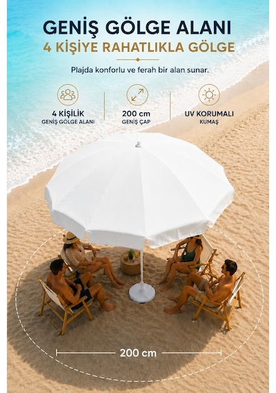 Beyaz Plaj Şemsiyesi 200 Cm, 10 Telli Beyaz