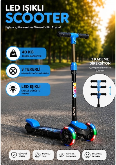 Scooter Yeni Swing 3tekerli Led Işıklı 40kğ Kapasiteli 3+yaş Uygun Mavi