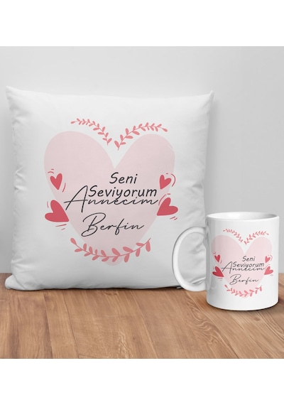 Bk Gift Kişiye Özel Anne Tasarımlı Beyaz Kırlent Yastık Ve Kupa Seti-8, Anneye , Anneler Günü leri